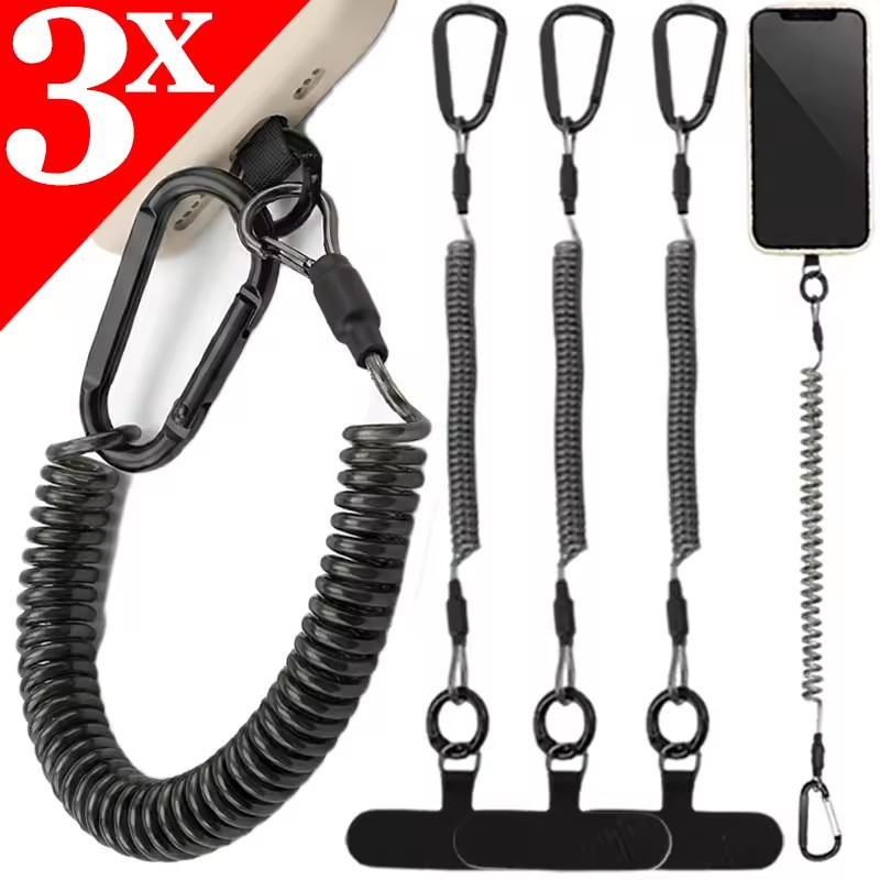Carabiner Keychain - 紛失防止フレキシブル電話ロープ、パッチスプリングコード付き安全盗難防止格納式ラインリストバンド、キーチェーンリングカラビナ付き