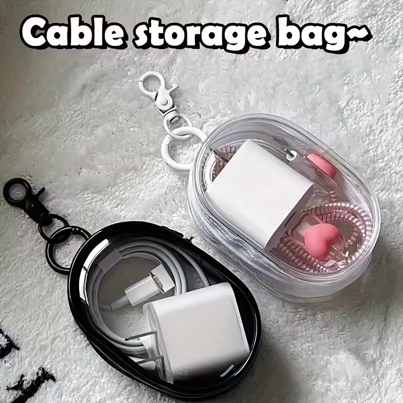 Cable Winder Keychain - ポータブルミニクリアジッパー収納バッグ - イヤホン充電器用の省スペースケーブルオーガナイザー、便利なキーホルダーループ付き多用途
