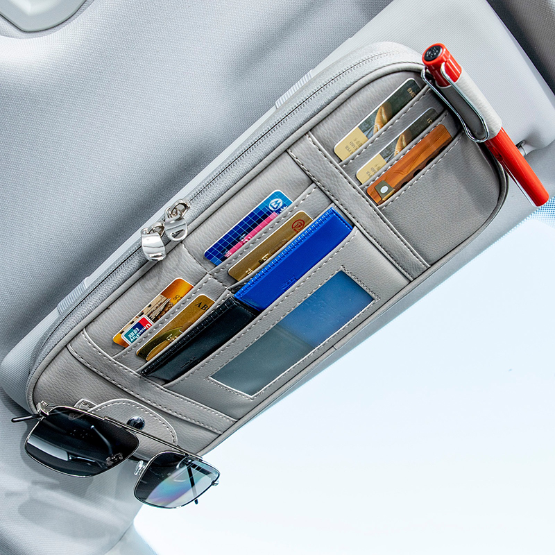 Edc Carry Pen - 車用サンバイザー収納オーガナイザー PUレザー製 サングラスホルダー付き カードスロット ジッパーポケット ペンクリップ付き