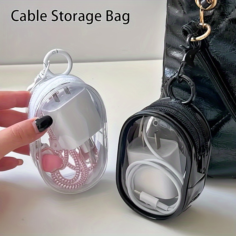 Cable Winder Keychain - ポータブルミニクリアジッパー収納バッグ - イヤホンや充電器用の省スペースケーブルオーガナイザー、便利なキーチェーンループ付き多用途